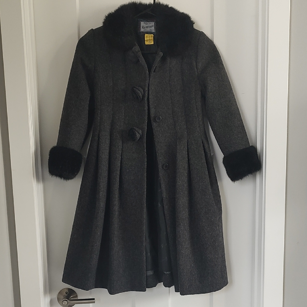 Rothschild Girls Charcoal Pea Coat with Black Faux Fur Trim
